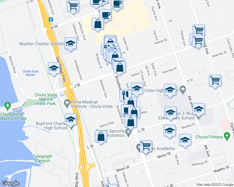 map of restaurants, bars, coffee shops, grocery stores, and more near 749 Riverlawn Avenue in Chula Vista
