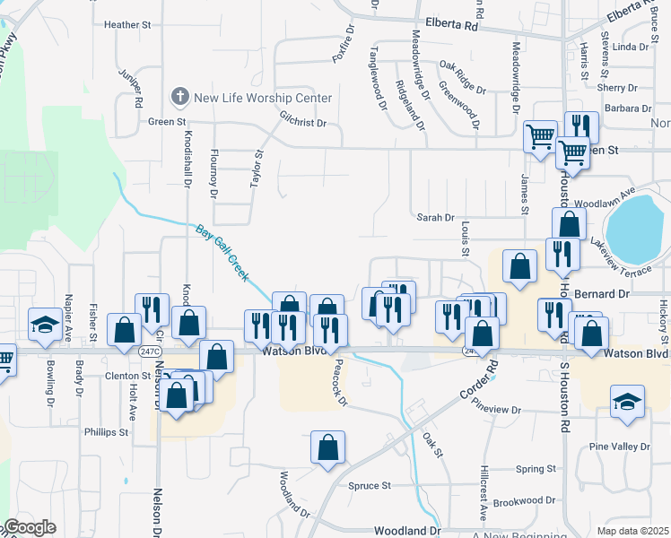 map of restaurants, bars, coffee shops, grocery stores, and more near 200 Olympia Drive in Warner Robins