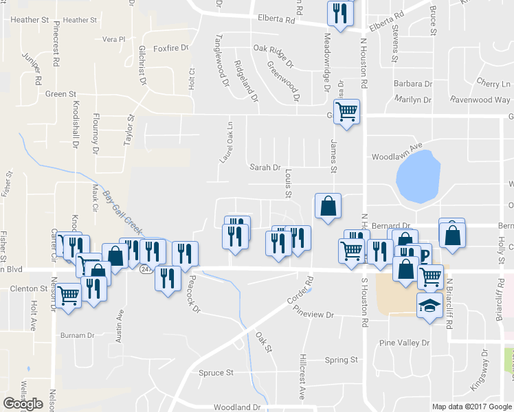 map of restaurants, bars, coffee shops, grocery stores, and more near 436 Westcliff Circle in Warner Robins