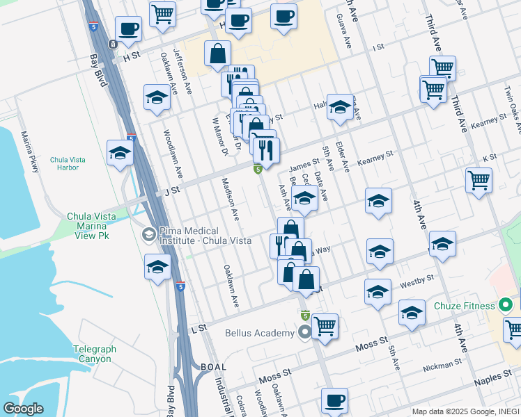 map of restaurants, bars, coffee shops, grocery stores, and more near 617-2 Chula Vista Street in Chula Vista