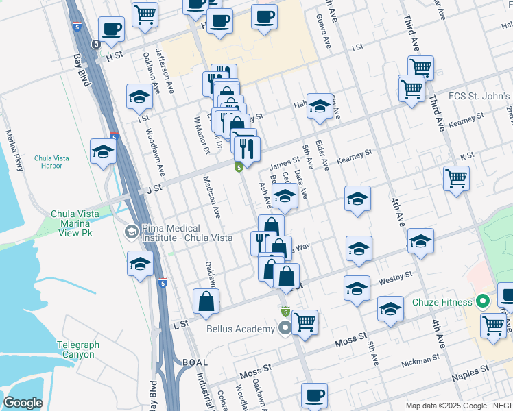 map of restaurants, bars, coffee shops, grocery stores, and more near 769 Broadway in Chula Vista