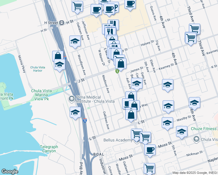 map of restaurants, bars, coffee shops, grocery stores, and more near 742 Madison Avenue in Chula Vista