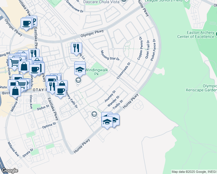 map of restaurants, bars, coffee shops, grocery stores, and more near 1828 Crossroads Street in Chula Vista