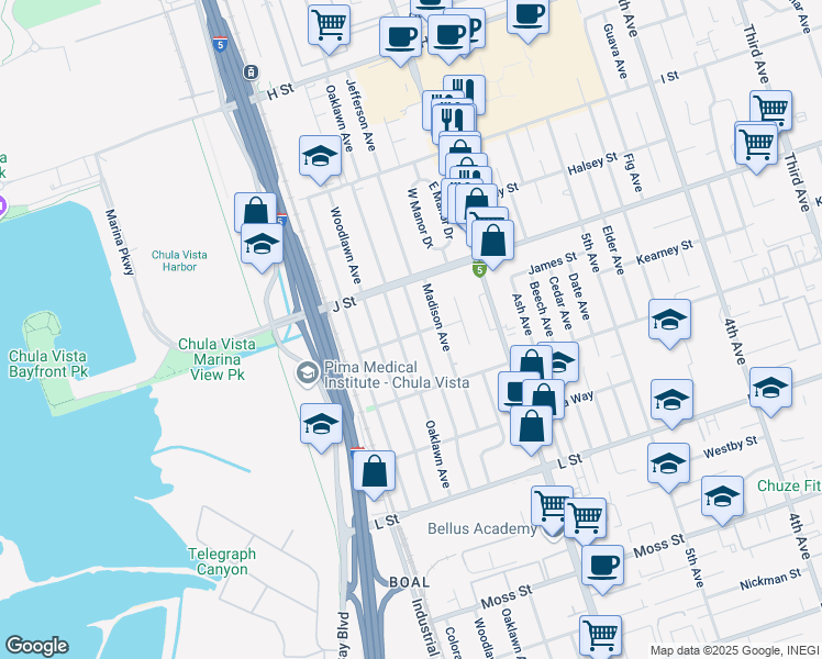 map of restaurants, bars, coffee shops, grocery stores, and more near 617-2 Chula Vista Street in Chula Vista
