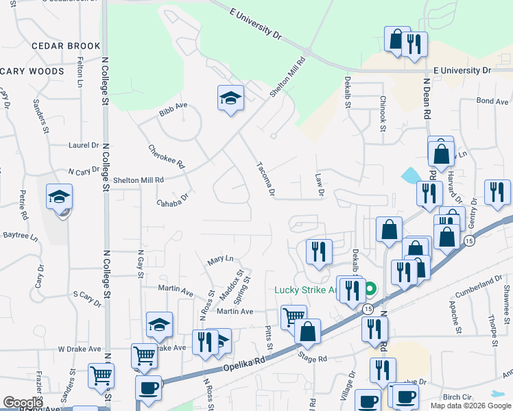 map of restaurants, bars, coffee shops, grocery stores, and more near 802 Letohatchee Street in Auburn