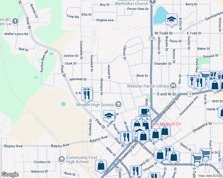 map of restaurants, bars, coffee shops, grocery stores, and more near 508 Lanning Street in Minden