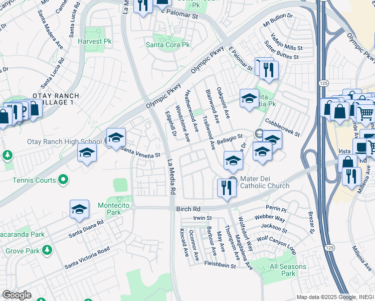map of restaurants, bars, coffee shops, grocery stores, and more near 1660 Woodwind Street in Chula Vista