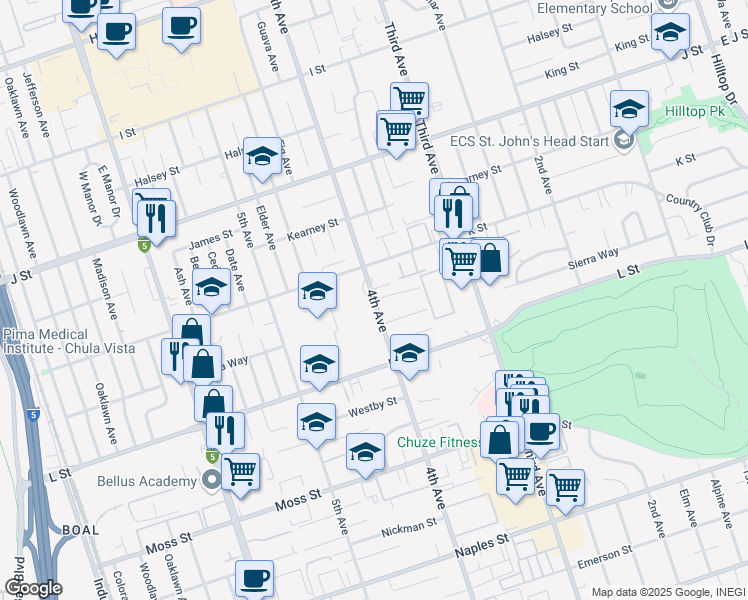 map of restaurants, bars, coffee shops, grocery stores, and more near 391 San Miguel Drive in Chula Vista