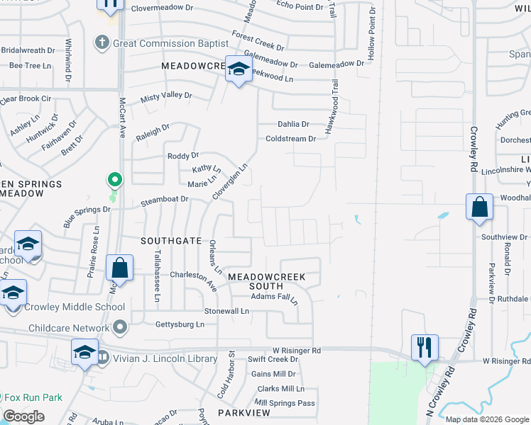 map of restaurants, bars, coffee shops, grocery stores, and more near 2405 Cunningham Street in Fort Worth