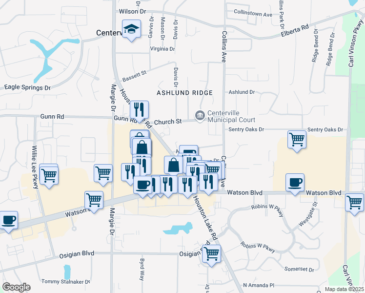 map of restaurants, bars, coffee shops, grocery stores, and more near 105 Arnold Street in Centerville