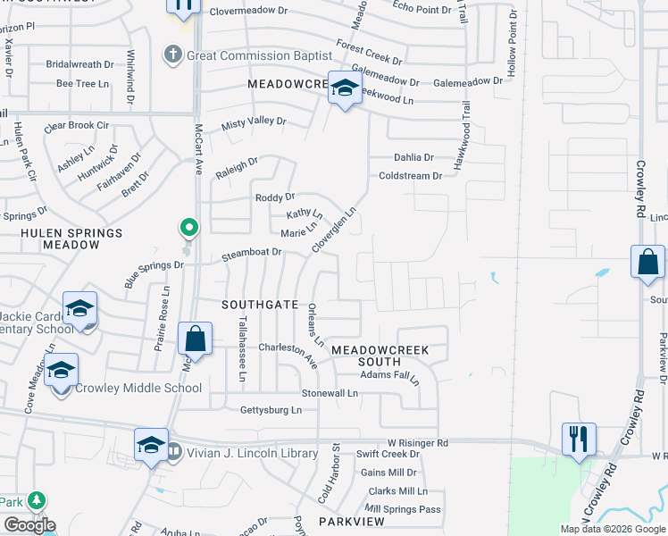 map of restaurants, bars, coffee shops, grocery stores, and more near 8212 French Quarter Lane in Fort Worth