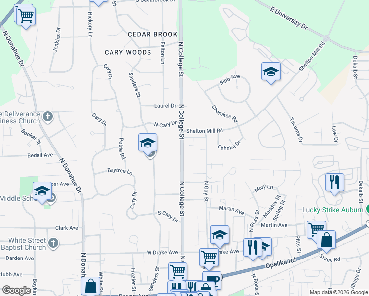 map of restaurants, bars, coffee shops, grocery stores, and more near 809-839 North College Street in Auburn