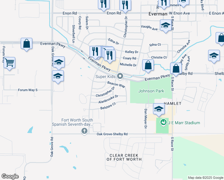 map of restaurants, bars, coffee shops, grocery stores, and more near 1924 Christopher Drive in Fort Worth