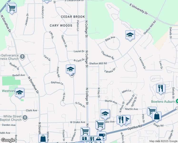 map of restaurants, bars, coffee shops, grocery stores, and more near 814 North College Street in Auburn