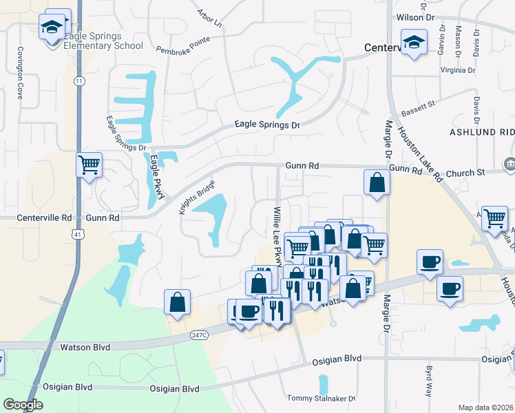 map of restaurants, bars, coffee shops, grocery stores, and more near 108 Park Lane in Warner Robins