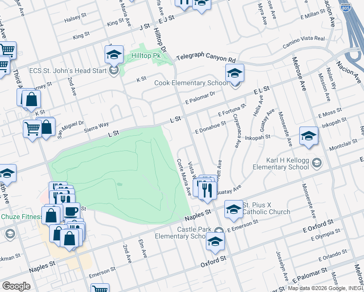 map of restaurants, bars, coffee shops, grocery stores, and more near 27 Angela Lane in Chula Vista