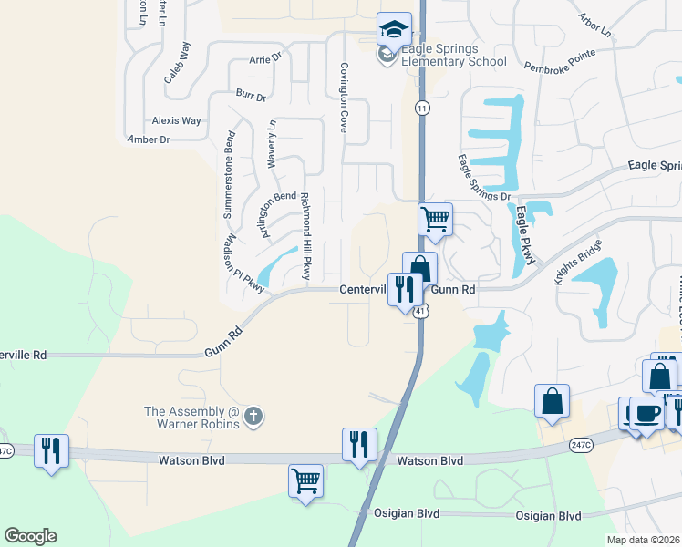 map of restaurants, bars, coffee shops, grocery stores, and more near 107 Vining Way in Byron
