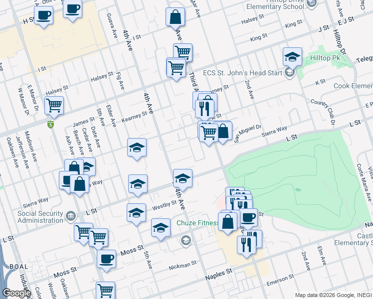 map of restaurants, bars, coffee shops, grocery stores, and more near 358 San Miguel Drive in Chula Vista