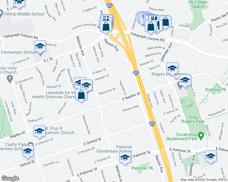 map of restaurants, bars, coffee shops, grocery stores, and more near 336 Montclair Street in Chula Vista