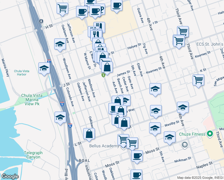 map of restaurants, bars, coffee shops, grocery stores, and more near 769 Broadway in Chula Vista