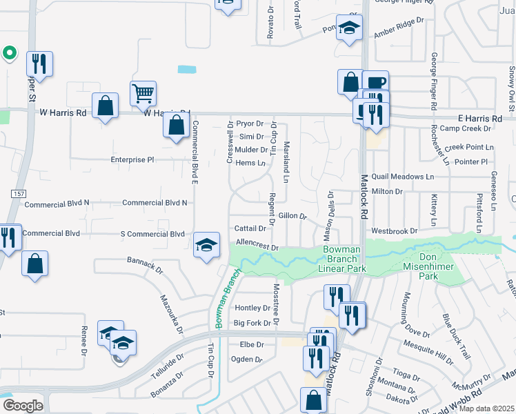 map of restaurants, bars, coffee shops, grocery stores, and more near 7620 Cresswell Drive in Arlington