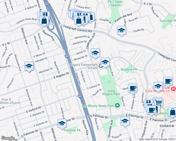 map of restaurants, bars, coffee shops, grocery stores, and more near 1115 Oasis Avenue in Chula Vista