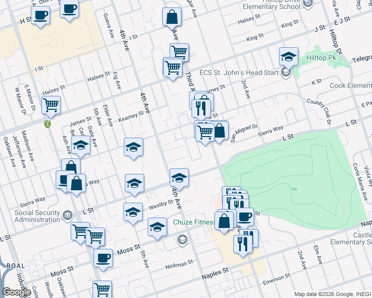 map of restaurants, bars, coffee shops, grocery stores, and more near 358 San Miguel Drive in Chula Vista