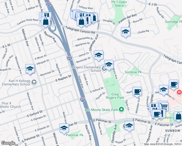 map of restaurants, bars, coffee shops, grocery stores, and more near 1115 Oasis Avenue in Chula Vista