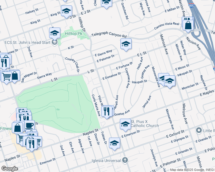 map of restaurants, bars, coffee shops, grocery stores, and more near 963 Hilltop Drive in Chula Vista
