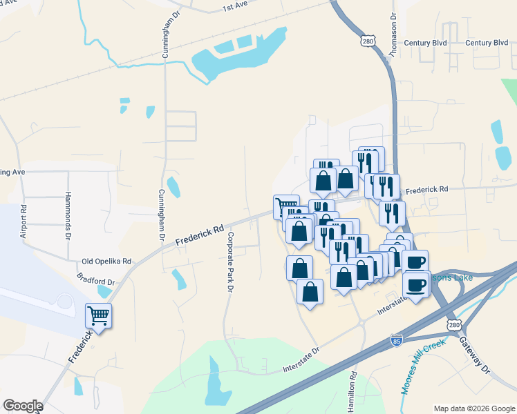 map of restaurants, bars, coffee shops, grocery stores, and more near 2504 Frederick Road in Opelika