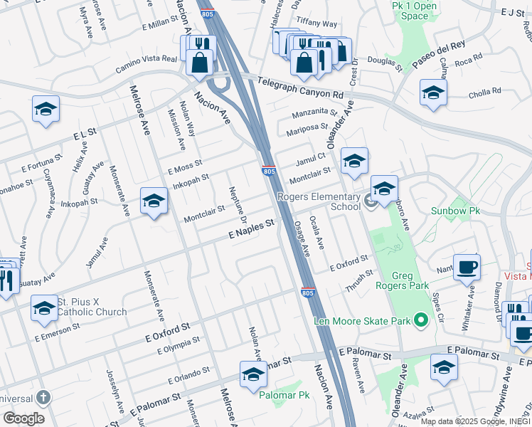 map of restaurants, bars, coffee shops, grocery stores, and more near 390 Montcalm Street in Chula Vista