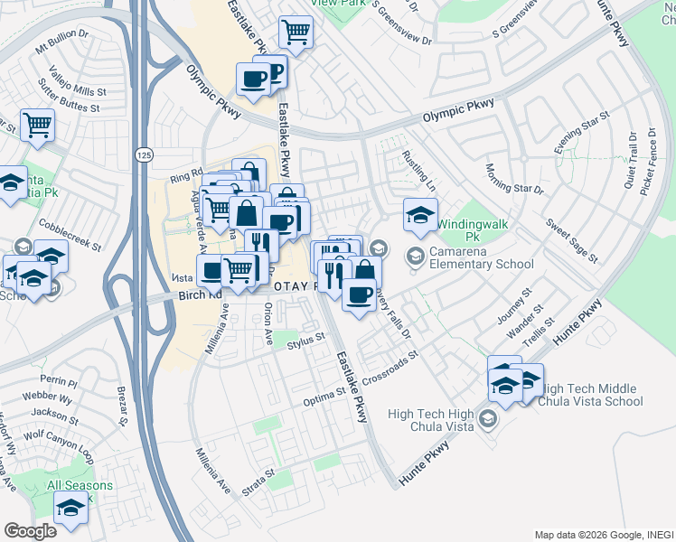 map of restaurants, bars, coffee shops, grocery stores, and more near 1670 Roadrunner Court in Chula Vista