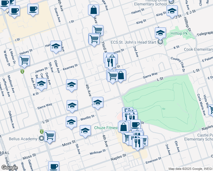 map of restaurants, bars, coffee shops, grocery stores, and more near 840 Third Avenue in Chula Vista