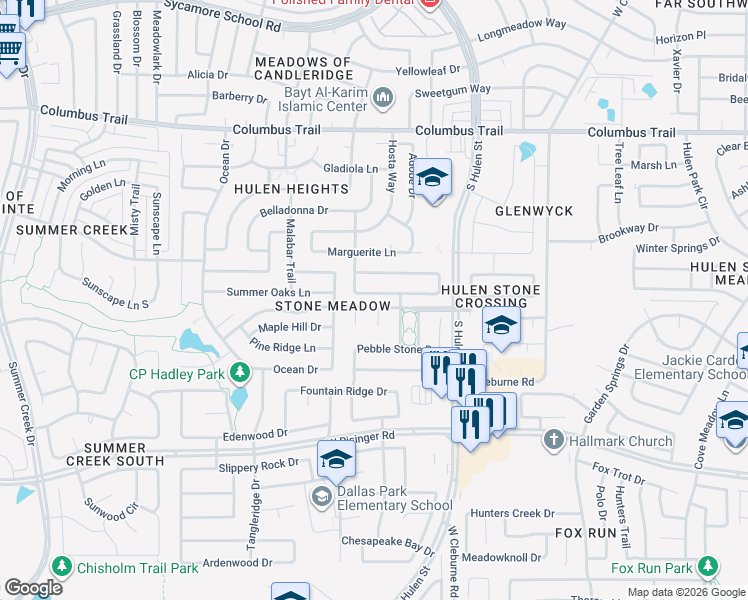 map of restaurants, bars, coffee shops, grocery stores, and more near 4525 Lodestone Lane in Fort Worth