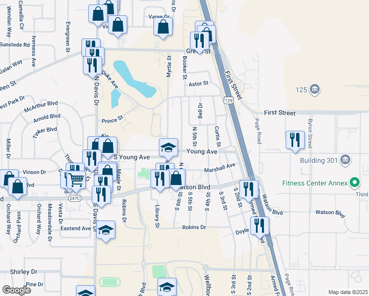 map of restaurants, bars, coffee shops, grocery stores, and more near 300 North 6th Street in Warner Robins