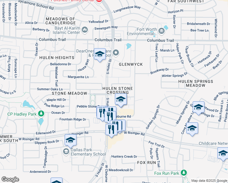 map of restaurants, bars, coffee shops, grocery stores, and more near 8229 Boulder Canyon Trail in Fort Worth