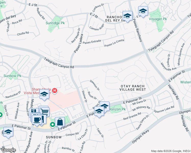 map of restaurants, bars, coffee shops, grocery stores, and more near 957 Sullivan Ct in Chula Vista