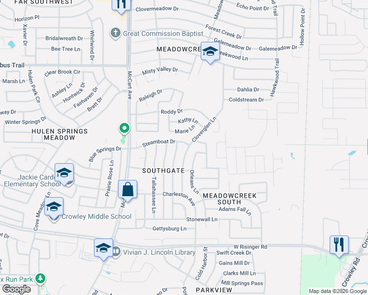 map of restaurants, bars, coffee shops, grocery stores, and more near 8304 Cloverglen Lane in Fort Worth