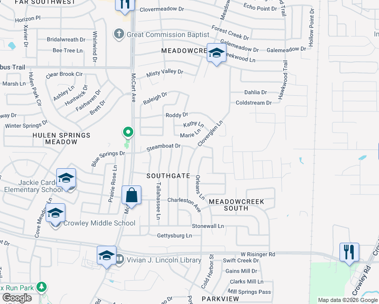 map of restaurants, bars, coffee shops, grocery stores, and more near 8304 Cloverglen Lane in Fort Worth
