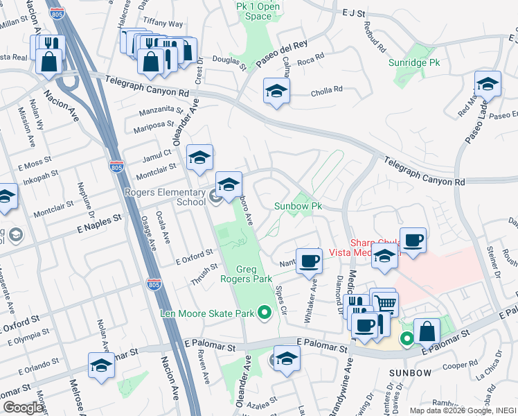 map of restaurants, bars, coffee shops, grocery stores, and more near 643 Crescent Drive in Chula Vista