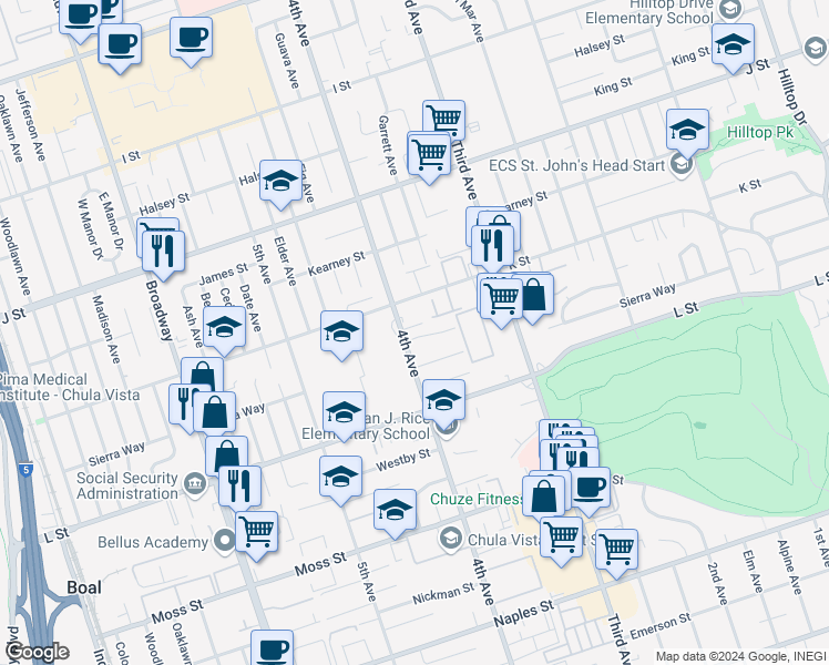 map of restaurants, bars, coffee shops, grocery stores, and more near 391 San Miguel Drive in Chula Vista
