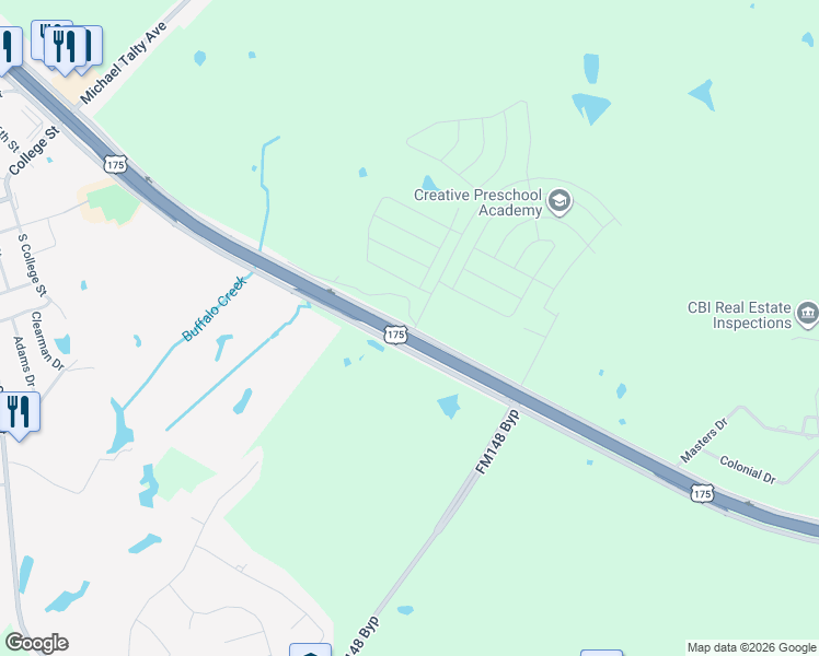 map of restaurants, bars, coffee shops, grocery stores, and more near U.S. 175 Frontage Rd in Crandall