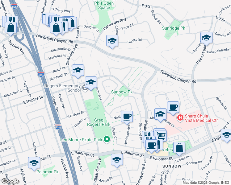 map of restaurants, bars, coffee shops, grocery stores, and more near 629 Crescent Drive in Chula Vista