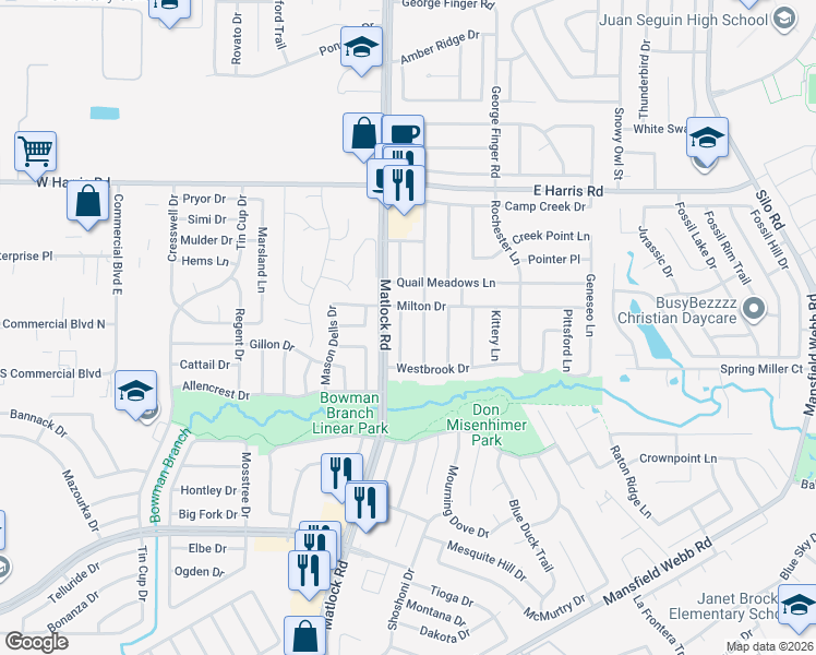 map of restaurants, bars, coffee shops, grocery stores, and more near 7607 Albany Lane in Arlington