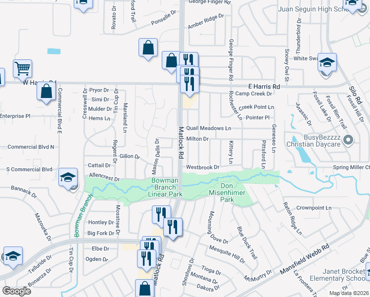 map of restaurants, bars, coffee shops, grocery stores, and more near 7607 Albany Lane in Arlington