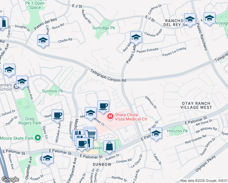 map of restaurants, bars, coffee shops, grocery stores, and more near 815 Caminito Alicia in Chula Vista