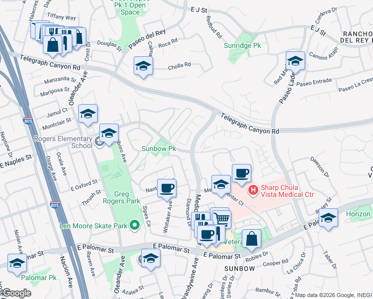map of restaurants, bars, coffee shops, grocery stores, and more near 664 Rainbow Drive in Chula Vista