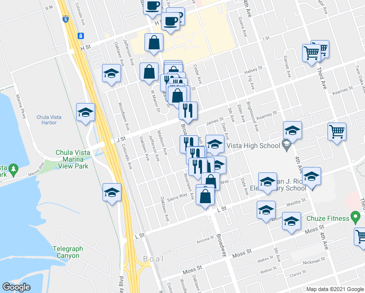 map of restaurants, bars, coffee shops, grocery stores, and more near 749 Riverlawn Avenue in Chula Vista