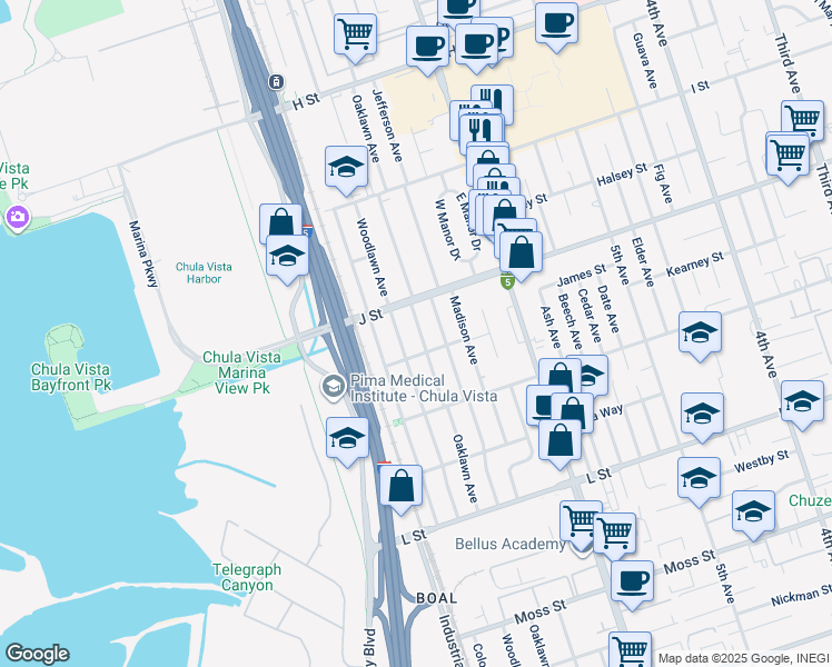 map of restaurants, bars, coffee shops, grocery stores, and more near 725 Oaklawn Avenue in Chula Vista