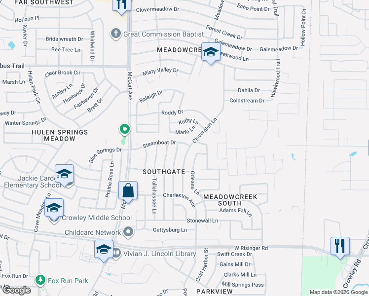 map of restaurants, bars, coffee shops, grocery stores, and more near 8300 Cloverglen Lane in Fort Worth